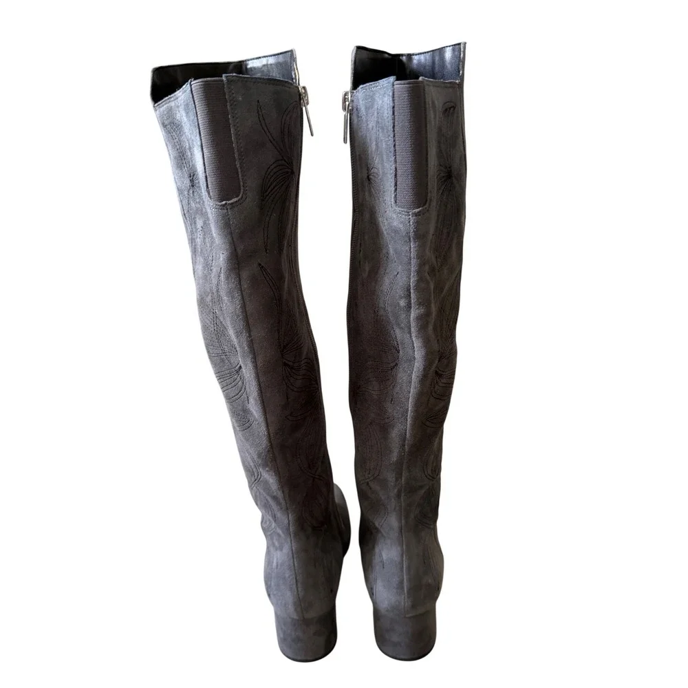 Marc Fisher LTD Grey Suede Embroidered Over The Knee Boots Block Heel Size 7M